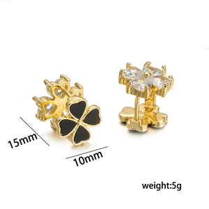 Double-sided four-leaf clover hoop earrings in gold with black enamel and white zircon