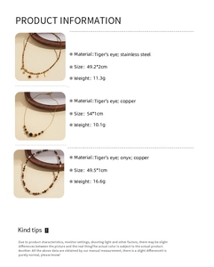 Detailed technical specifications for Tiger Eye stone necklaces with weight and size info