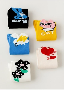 Set of five combed cotton mid-calf socks with cute cartoon patterns and vibrant colors