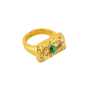 Gold malachite eye ring with crystal accents and vintage stainless steel design