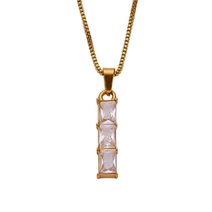 Vertical gold titanium steel necklace with three rectangular zircons on box chain