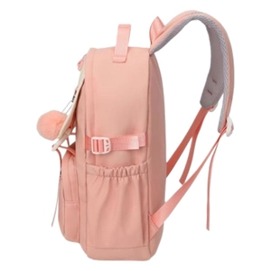 Pink nylon school backpack for students with side mesh pockets and plush ball charm