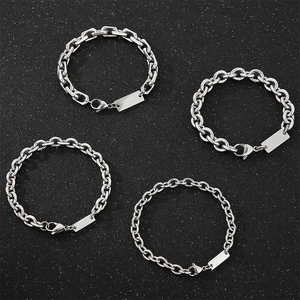 Silver stainless steel O-chain necklaces with engravable blank rectangular tags