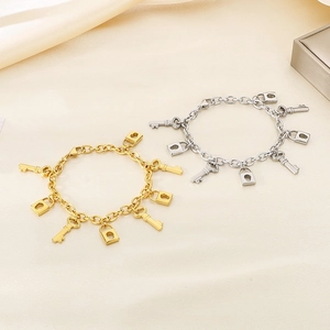 Retro key and heart lock pendant chain bracelets in polished gold and silver finishes