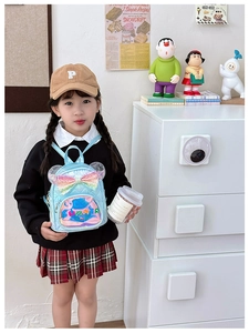 Detail of laser light blue princess backpack with sequined ears and rainbow bow