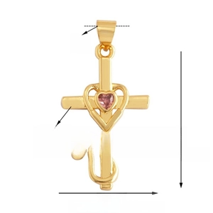 Detailed specs of gold cross stethoscope pendant with a pink heart gemstone inlay