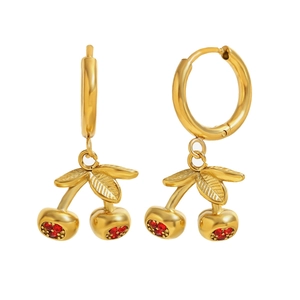 18K gold-plated stainless steel cherry hoop earrings with sparkling red cubic zirconia