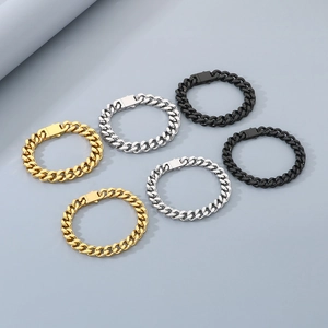 Polished Cuban chain bracelets in gold, silver and black finishes, multiple sizes shown