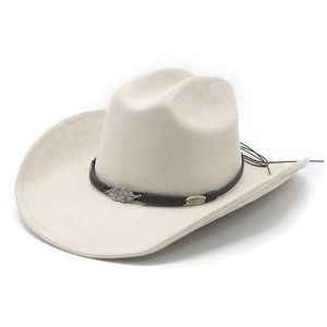 Chapeau de cowboy beige style ethnique en daim avec ruban tissé et feuilles argentées