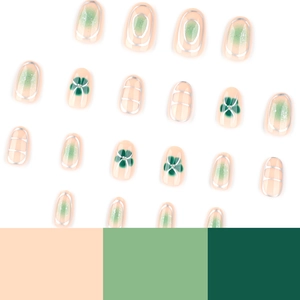 Almond shaped press-on nails with green marble design, floral art and silver lines