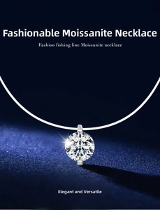 Detail of moissanite pendant on a transparent fishing line necklace for women
