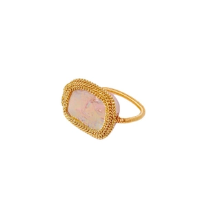 Pink baroque freshwater pearl ring with handmade gold wire wrapping in a unique design