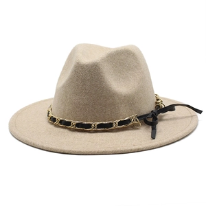 Classic beige wool fedora hat with gold chain band and vintage British style design
