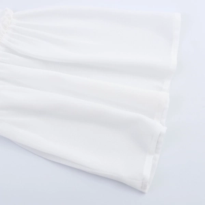 Elegant white chiffon blouse featuring pleated bell sleeves and delicate lace neckline