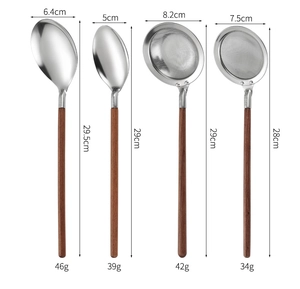 Detailed view of 304 stainless steel spoons and skimmers with walnut wood handles