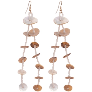 Bohemian style shell bead fringe drop earrings with elegant geometric round pearls