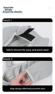 Close-up of gray pet suit showing hook-and-loop fastener and durable hemmed edges