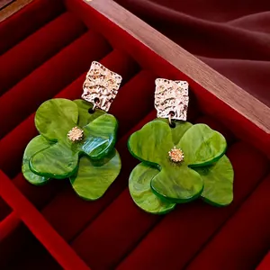 Floral Drop Earrings With Acrylic Flower Petals And Alloy Metal Silver Earring Post Retro Fashion Jewelry For Women