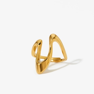 Irregular wave design open ring in polished 316 stainless steel gold finish for women