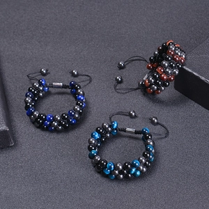 Three-layer natural tiger eye and obsidian beaded bracelet with adjustable woven cord