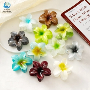 Flat lay detail of assorted gradient plumeria hair claws in various vibrant colors