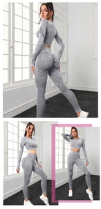 Detail of grey acid wash seamless yoga set showing scrunch butt leggings and thumb holes