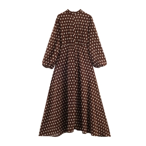 Elegant high neck brown polka dot pleated maxi dress with metallic waist buckle