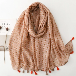 Floral Print Voile Scarf Shawl With Tassels Beach Sun Protection Lightweight Wrap For Women Korean Style