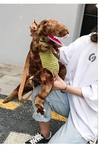 Detail of cute dinosaur plush backpack with brown camo texture and soft green stripes
