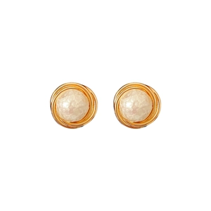 French vintage round gold plated earrings with white cotton pearl centers on white background