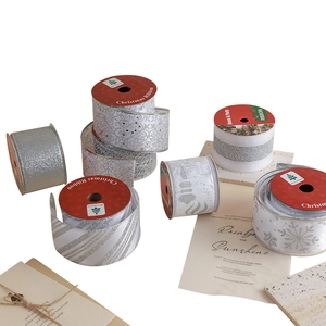 Silver Christmas ribbon set with glitter snowflakes for luxury DIY gift wrapping and bows