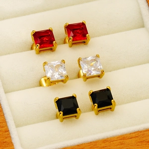 Square zircon stud earrings set in gold plated stainless steel with red white and black stones