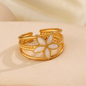 18K gold plated stainless steel open ring featuring a white marble flower design