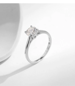 Detailed view of S925 sterling silver ring featuring a sparkling round solitaire moissanite