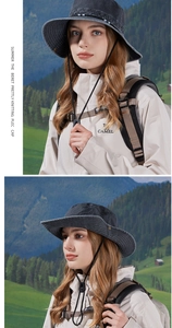 Vue de face et de côté d'un chapeau de soleil en denim gris avec cordelette ajustable
