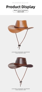 Detail of PU leather cowboy hats in tan and brown with woven bands and windproof lanyards