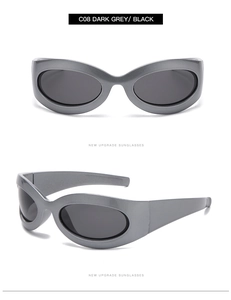 Front and side 45-degree macro views of dark grey Y2K oval oversized sunglasses C08