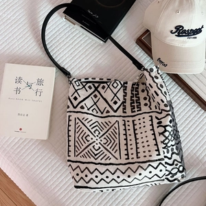 Bohemian black and white canvas tote bag with hand-drawn geometric patterns