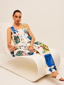 Women's 2-piece set with sleeveless square neck top and graffiti print wide leg pants