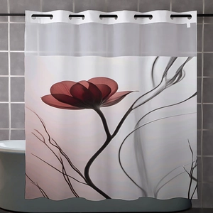 Close-up of waterproof shower curtain with red floral pattern and mesh header