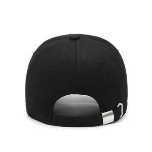 Back view of black cotton baseball cap featuring adjustable silver metal buckle strap