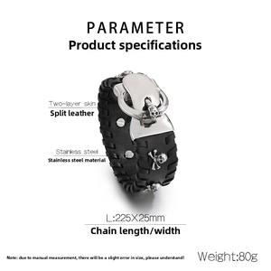 Detail of punk leather bracelet with stainless steel skulls and buckle on white background