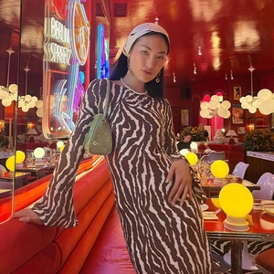 Detail view of zebra print slim maxi dress with flared sleeves in a vintage setting