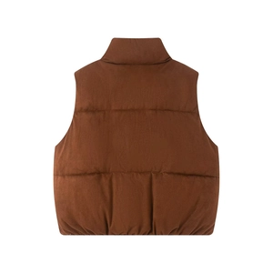 Back view of a reversible brown leopard print padded vest with a high stand collar
