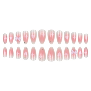 Pink heart bow almond press-on nails with ombre design and sparkling rhinestone accents