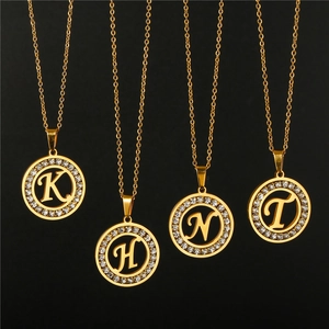 Stainless Steel Initial Letter Necklace Round Hollow Rhinestone Zircon Pendant Gold Plated Minimalist Elegant Jewelry Women