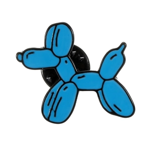 Cute blue balloon dog enamel brooch with a black rubber clutch on a white background