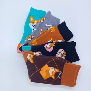 Five pairs of cute Corgi patterned cotton mid-calf socks in diverse autumn colors