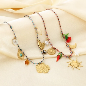 Bohemian woven rope necklaces with stainless steel sun, heart and cherry pendants