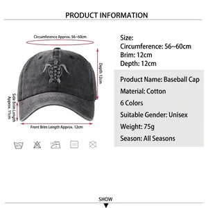 Washed cotton baseball cap featuring flying turtle embroidery and detailed size chart